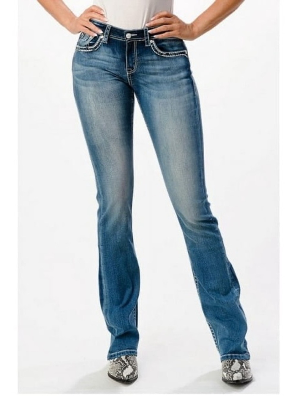 NWT Grace In LA Women's Fleur De Lis Embroidered Pockets Bootcut Stretch Jeans